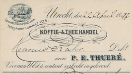 712125 Kop van een nota van P.E. Thueré, Thee- en Koffiehandel, Leveranciers aan verschillende Hoven, Lijnmarkt No. 68 ...